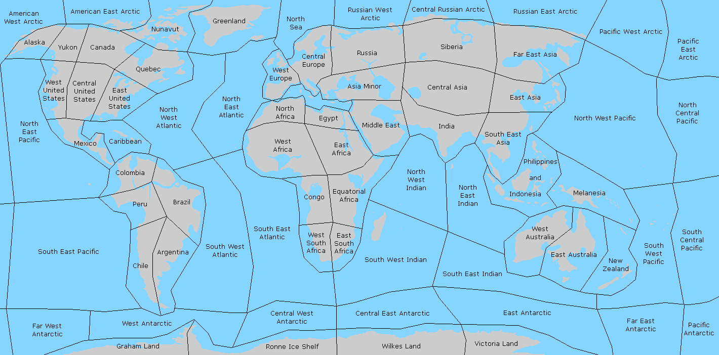 Geographic map of Earth showing different regions